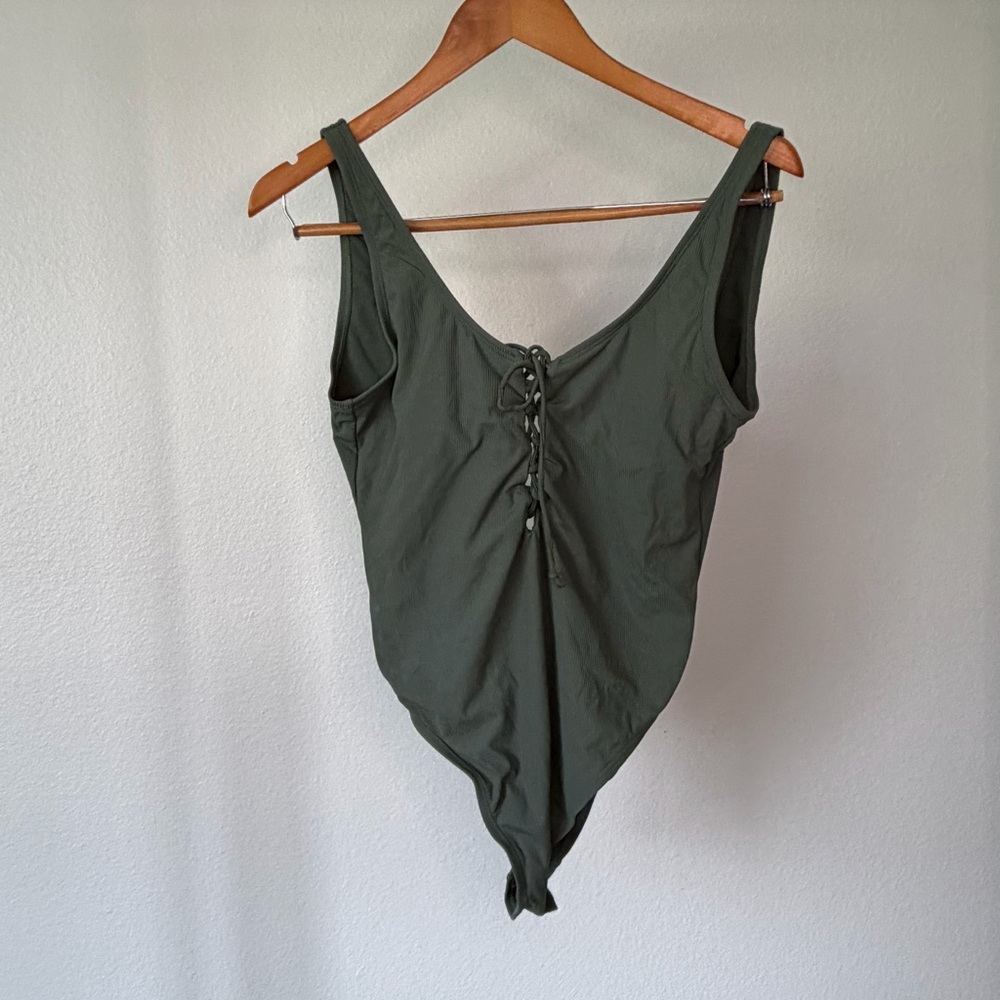 Women's Olive Green Lace-Up Cheeky Tank Bodysuit